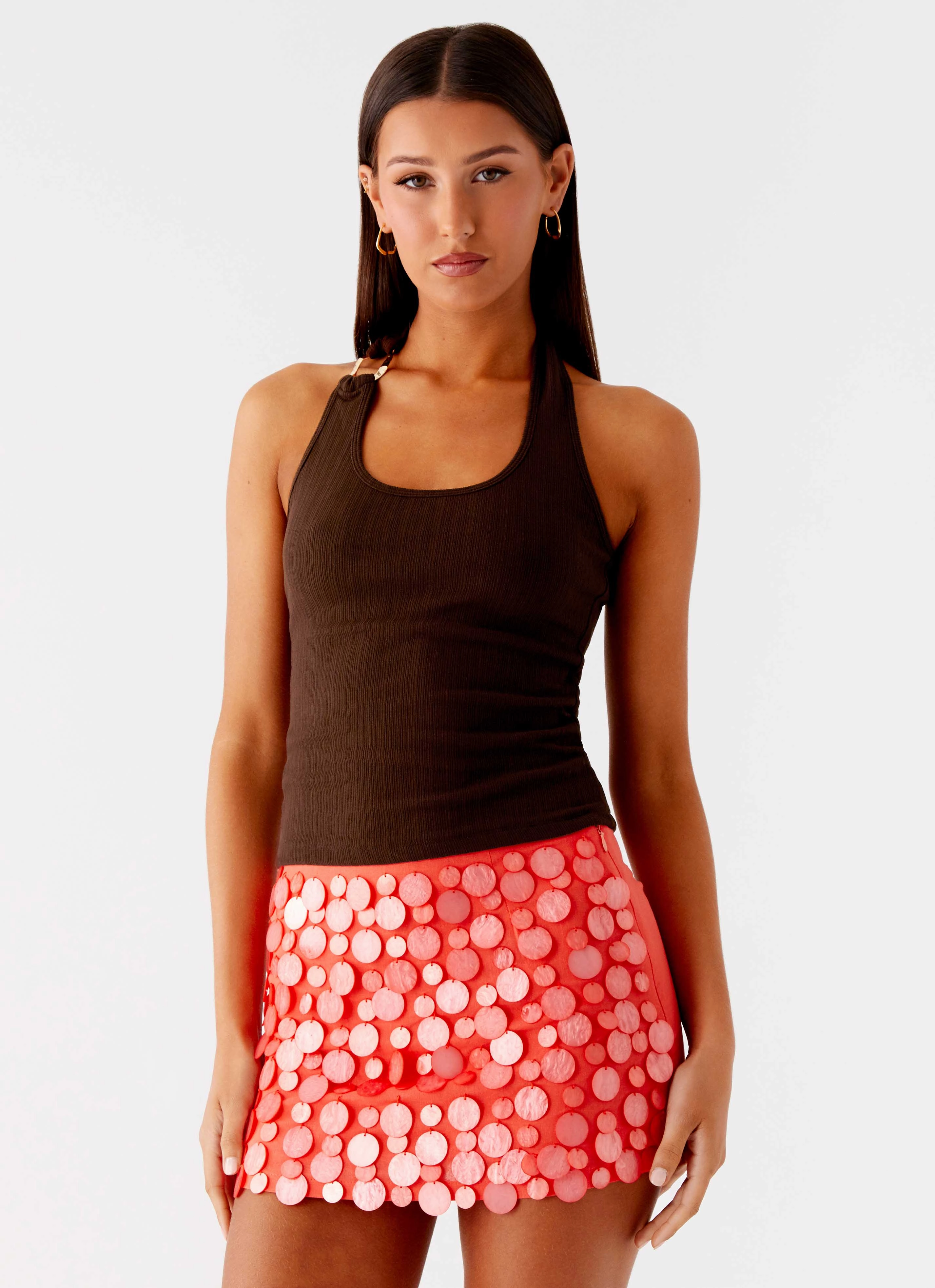 Nera Halter Top - Chocolate Relaxed Hoodie Reinforced Neckline Detail