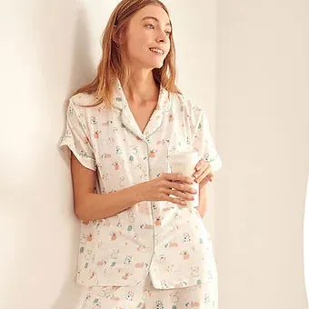 Nest Designs Women's Bamboo Jersey Short Sleeve Button-up PJ Set - Summer Graze