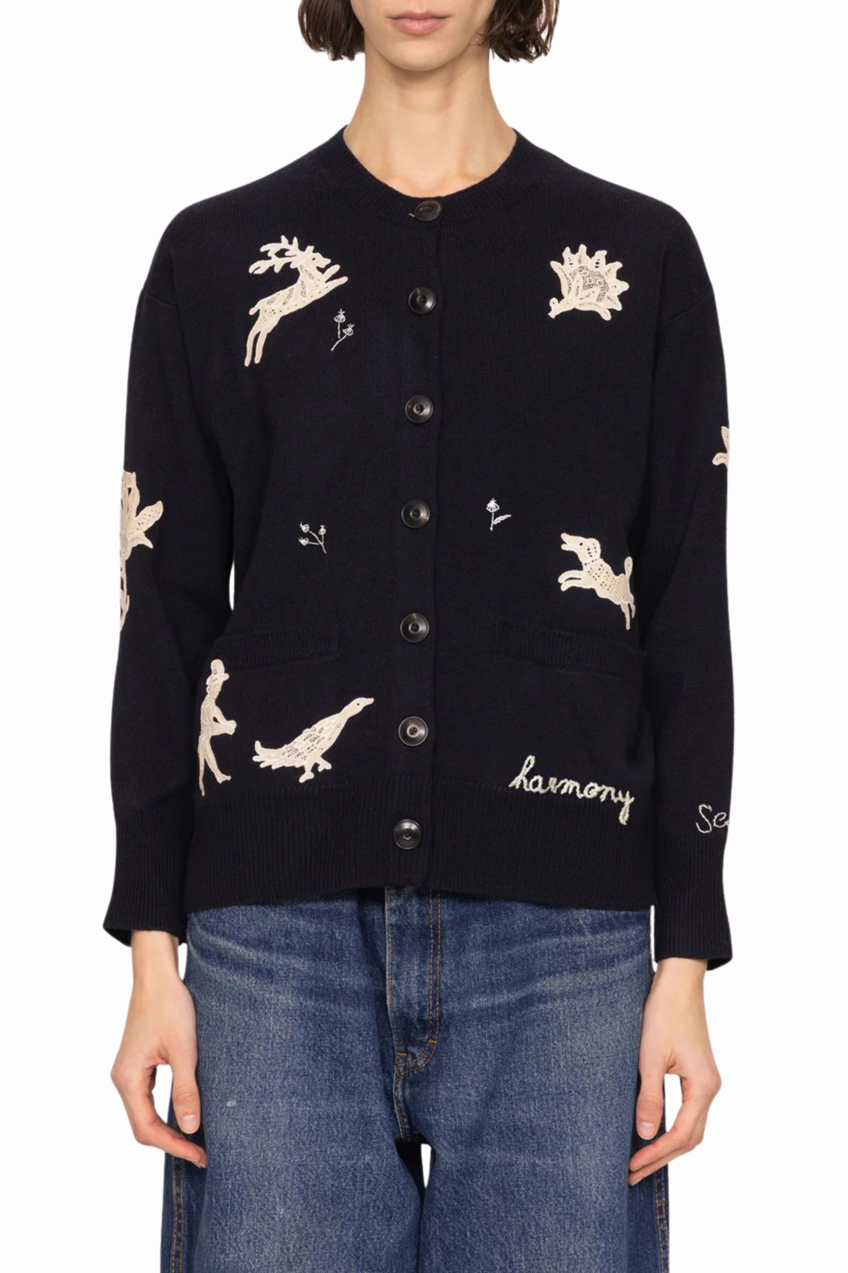 Mika Applique Cardigan - Navy Cold Mornings Non Restrictive Cuff