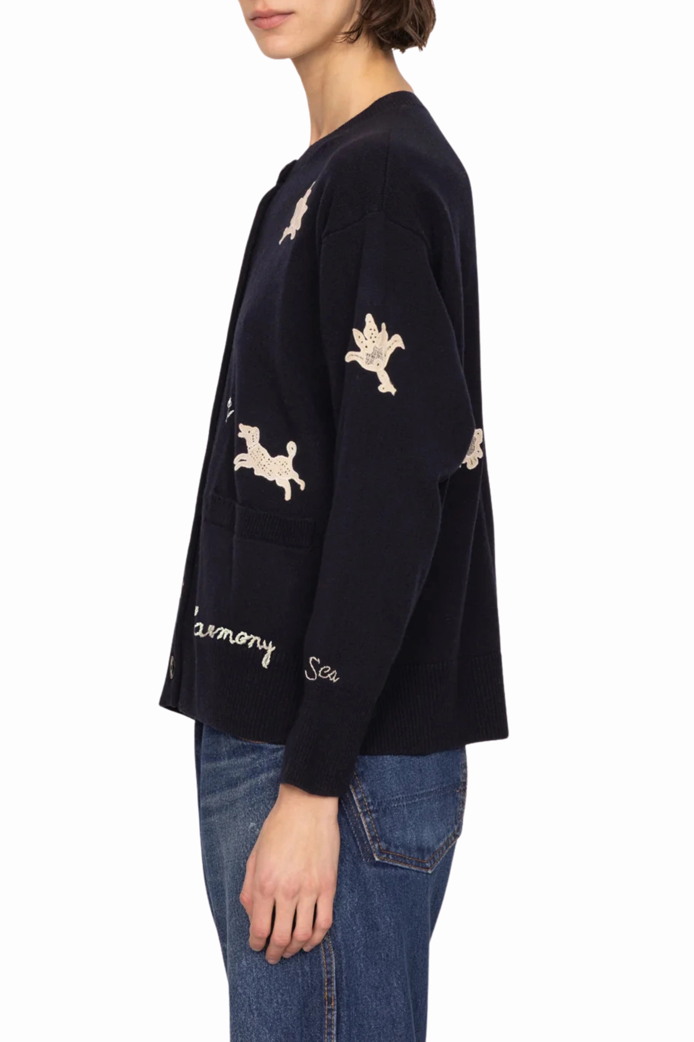 Compact Knit Technique Non Irritating Mika Applique Cardigan - Navy