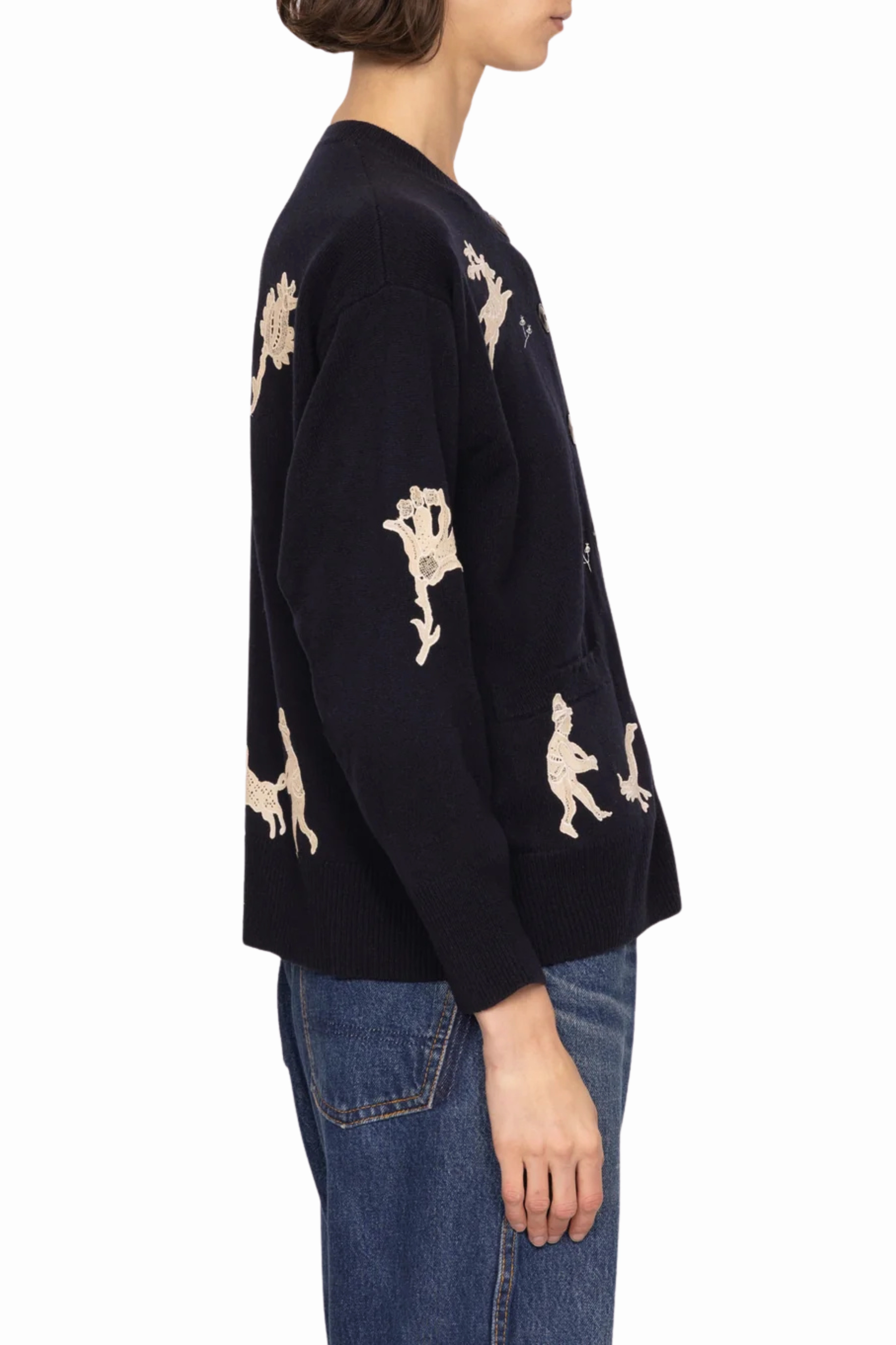 DoubleLayered Edging Mika Applique Cardigan - Navy