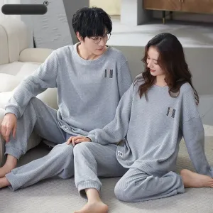 New Autumn Winter Waffle Cotton Long Sleeve Unisex Pajamas Set X4819297