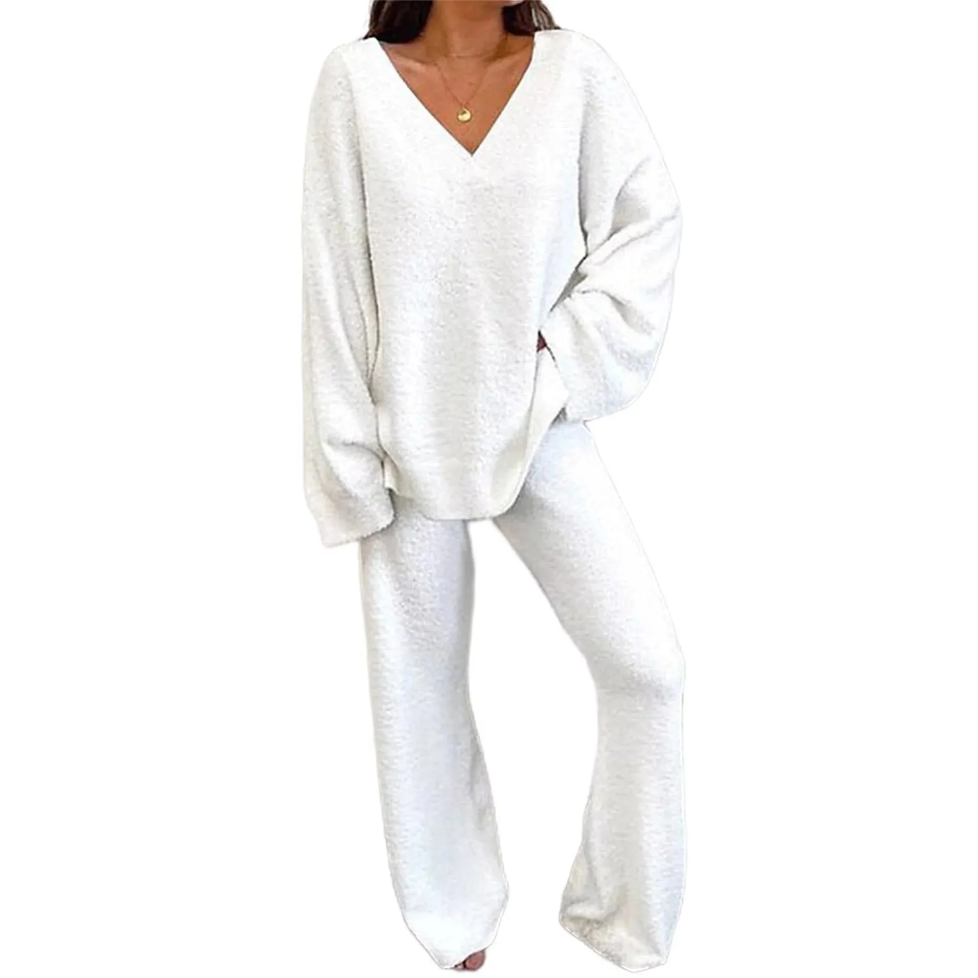 New Capreze Over sized Polar Fleece Sleepwear Set Long Sleeve Lounge Sets for Women Thick Wide Leg Pajamas Home V Neck Two Piece Outfit White, Sz S