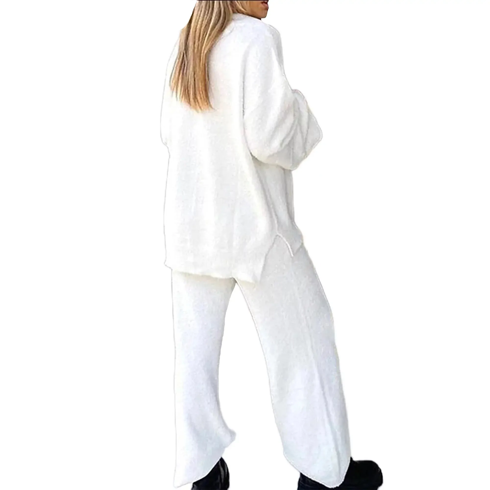 New Capreze Over sized Polar Fleece Sleepwear Set Long Sleeve Lounge Sets for Women Thick Wide Leg Pajamas Home V Neck Two Piece Outfit White, Sz S