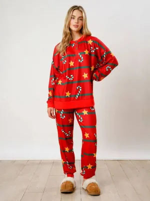 New Christmas Print Button Long Sleeve Two-piece Set Fashion Casual Home Clothes Set