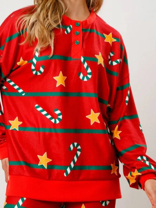 New Christmas Print Button Long Sleeve Two-piece Set Fashion Casual Home Clothes Set