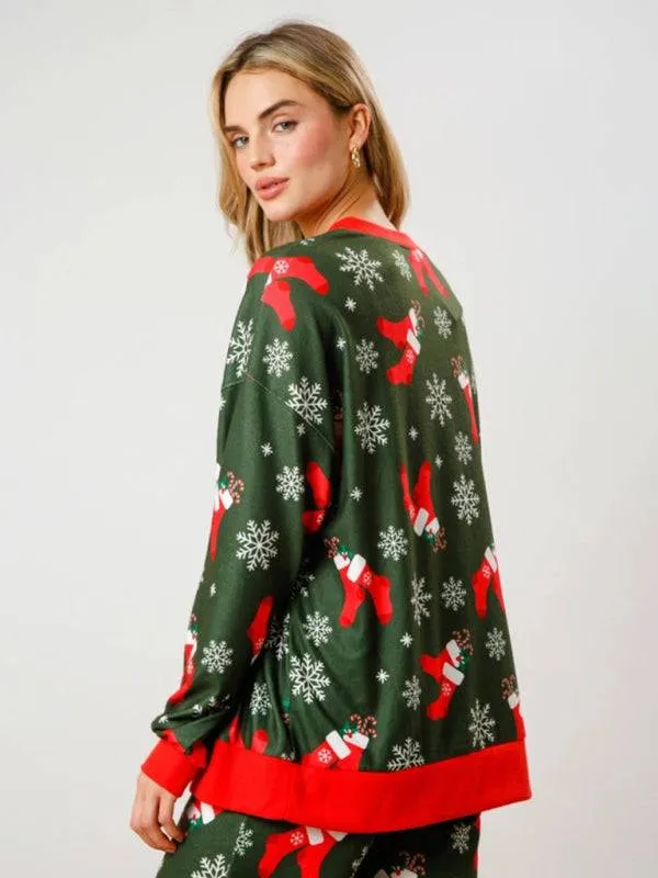 New Christmas Print Button Long Sleeve Two-piece Set Fashion Casual Home Clothes Set