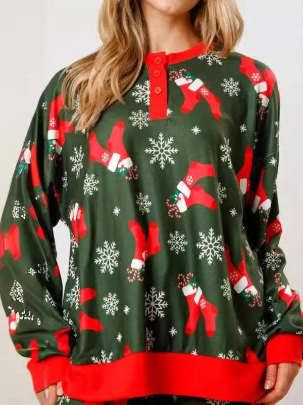 New Christmas Print Button Long Sleeve Two-piece Set Fashion Casual Home Clothes Set