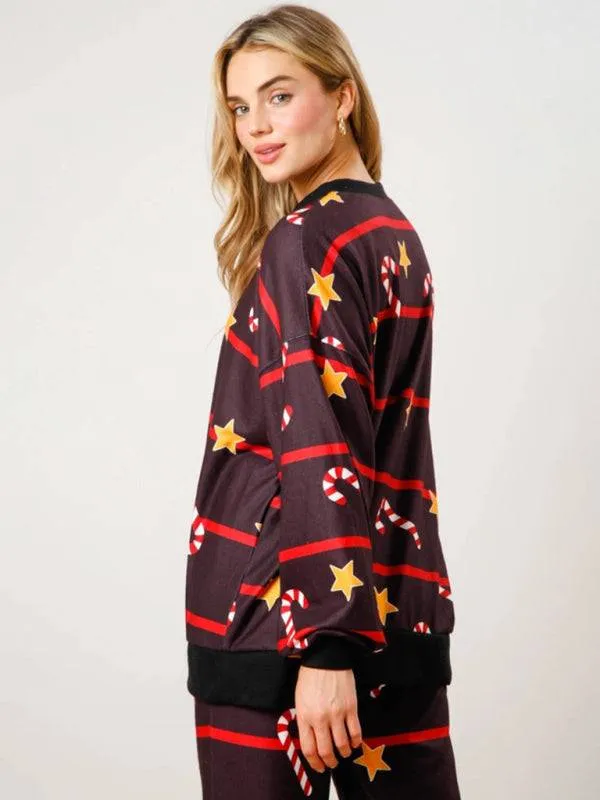 New Christmas Print Button Long Sleeve Two-piece Set Fashion Casual Home Clothes Set