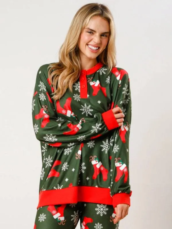 New Christmas Print Button Long Sleeve Two-piece Set Fashion Casual Home Clothes Set