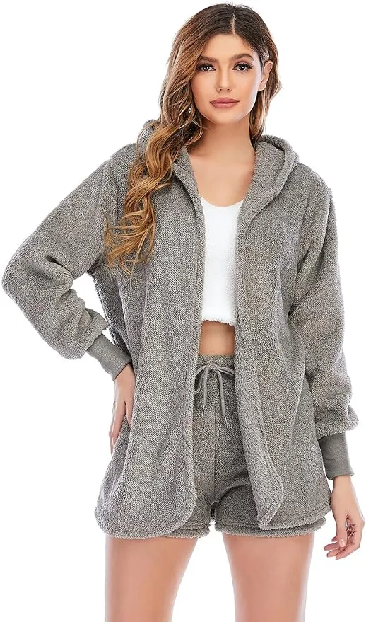 New Famnbro Womens Sexy Fuzzy 3 Piece Outfits Fleece Warm Hooded Cardigan Crop Top Shorts Set Loungewear Grey Sz XL! Retails $87 