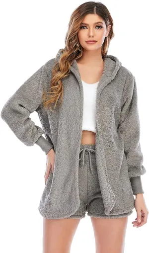 New Famnbro Womens Sexy Fuzzy 3 Piece Outfits Fleece Warm Hooded Cardigan Crop Top Shorts Set Loungewear Grey Sz XL! Retails $87 