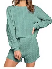 New FARORO Women's 2 Piece Knit Outfits Casual Long Sleeve Tops and Shorts Pajama Set Pullover Loungewear Set, Sz S! NOTE: Colour is Sage Green NOT Taupe