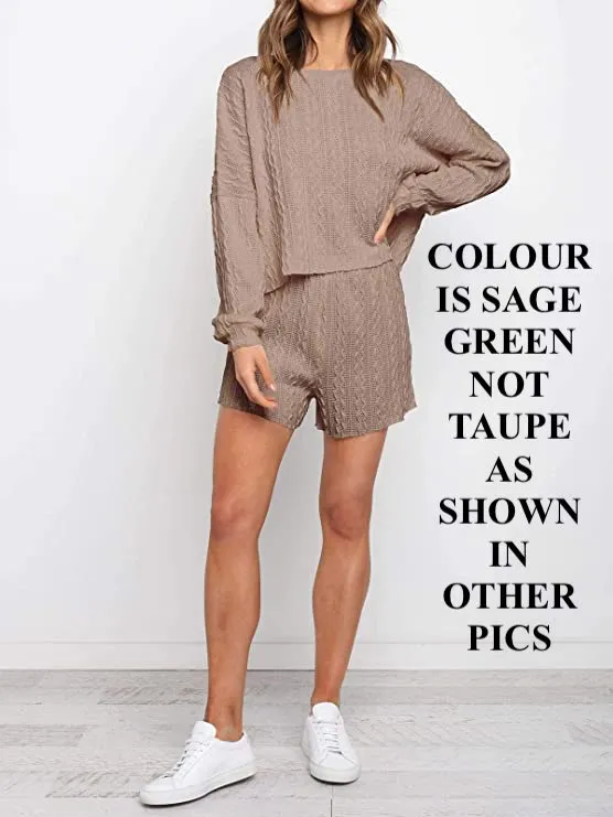 New FARORO Women's 2 Piece Knit Outfits Casual Long Sleeve Tops and Shorts Pajama Set Pullover Loungewear Set, Sz S! NOTE: Colour is Sage Green NOT Taupe