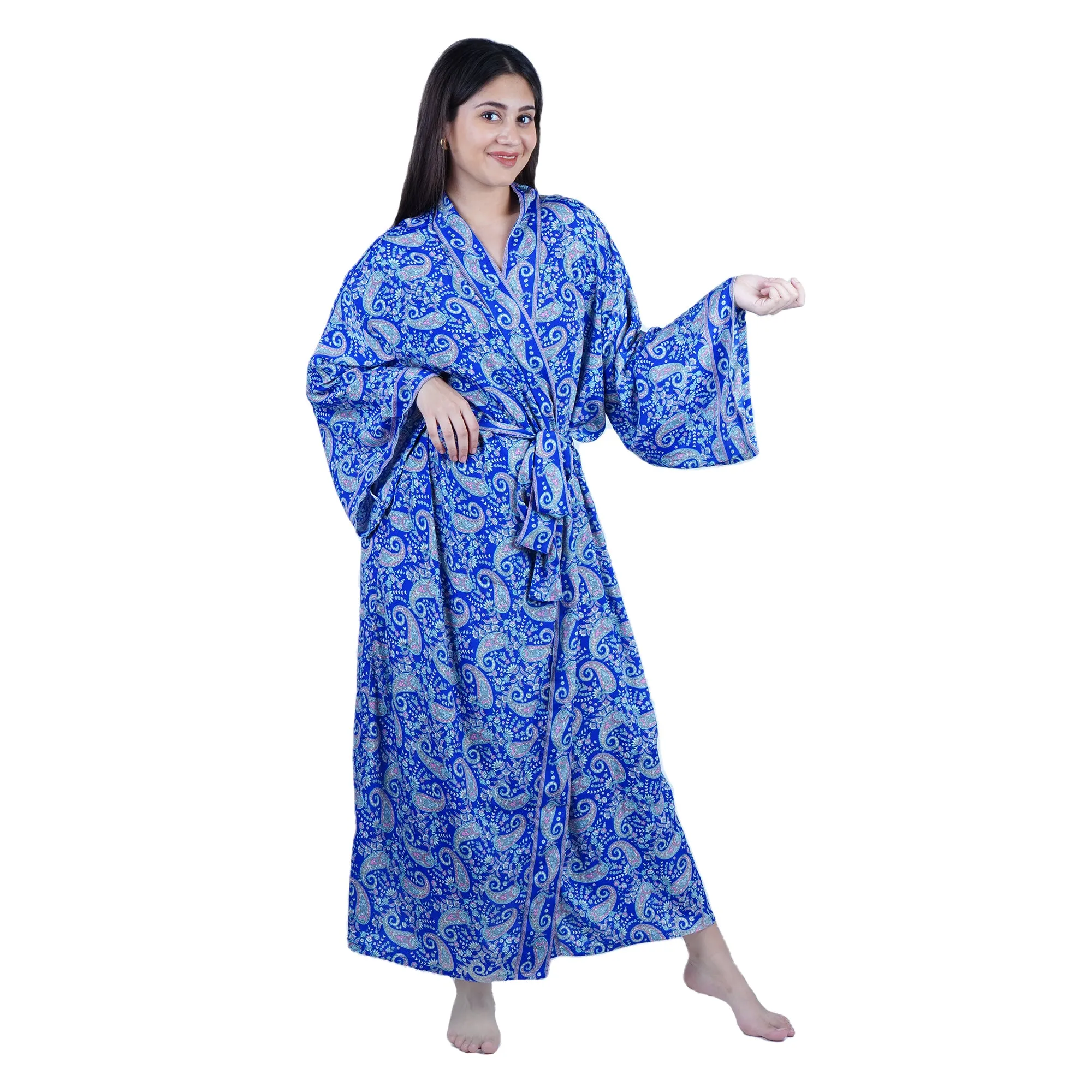 New Luxury Silk Boho Kimono House Robe - Blue Paisley