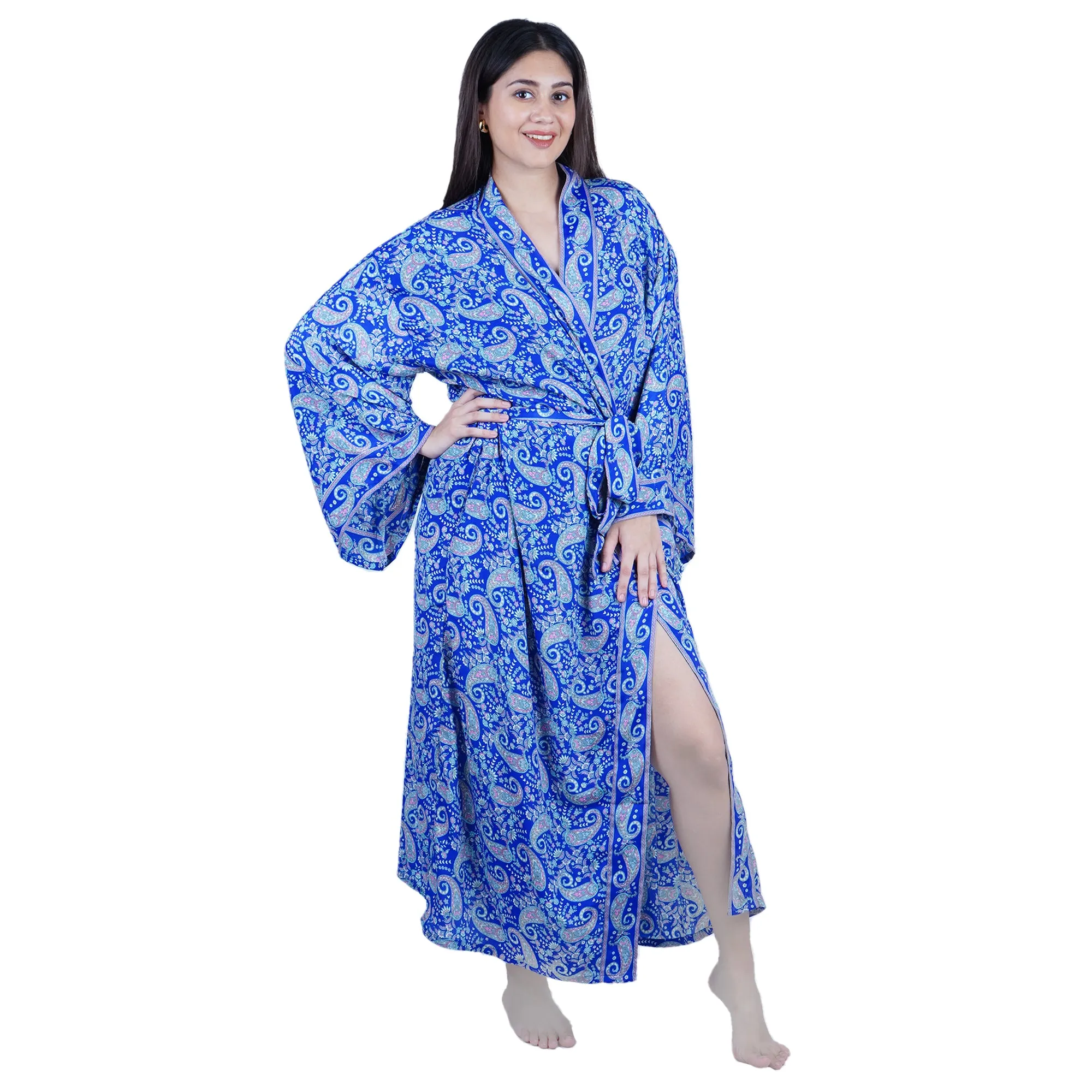 New Luxury Silk Boho Kimono House Robe - Blue Paisley
