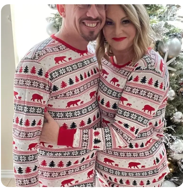 New Men's Christmas Pajamas Cartoon Bear Tree Snowflake Printed Sleepwear Two-piece Set, Sz XL (men's only)