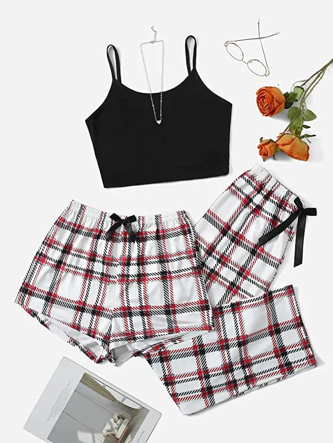 New Shein Women's 3 Piece Plaid Pajamas Set Cami Shorts Set with Pants Loungewear Sleepwear Sz M! Retail $50 