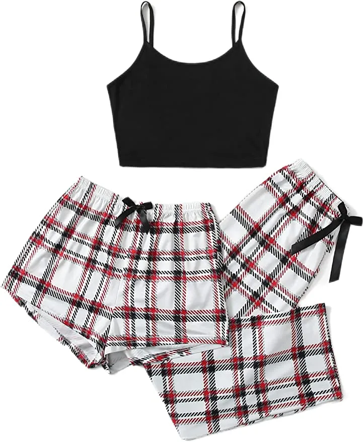 New Shein Women's 3 Piece Plaid Pajamas Set Cami Shorts Set with Pants Loungewear Sleepwear Sz M! Retail $50 