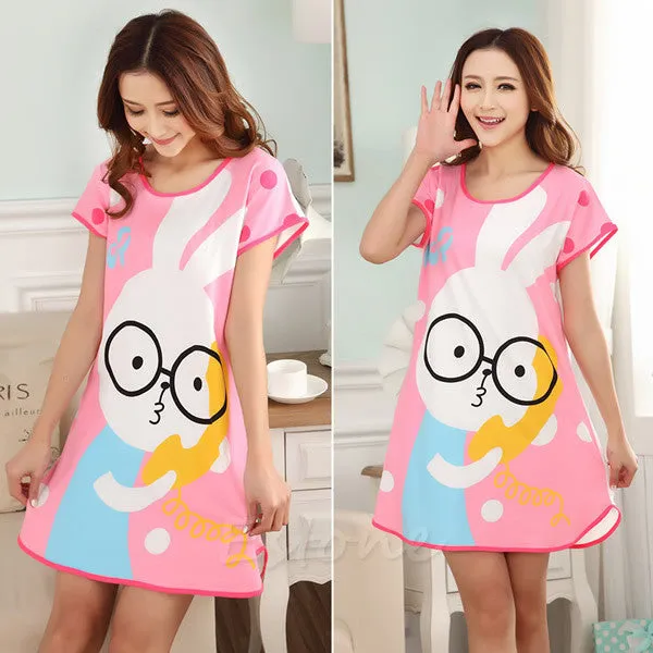 New Women Cartoon Polka Dot Sleepwear Short Sleeve Sleepshirt Sleepdress