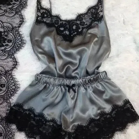 New Women's Silk Sexy Pajama Set Black Lace V-Neck Top Shorts