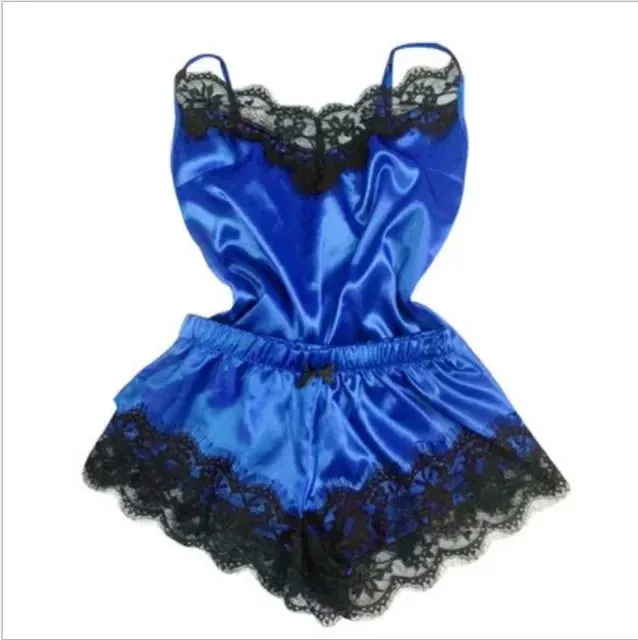 New Women's Silk Sexy Pajama Set Black Lace V-Neck Top Shorts
