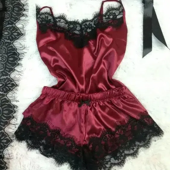 New Women's Silk Sexy Pajama Set Black Lace V-Neck Top Shorts