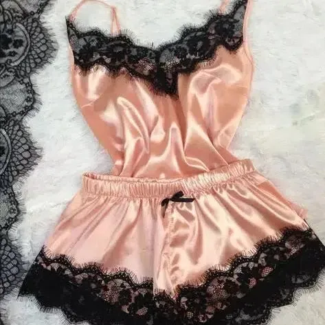 New Women's Silk Sexy Pajama Set Black Lace V-Neck Top Shorts