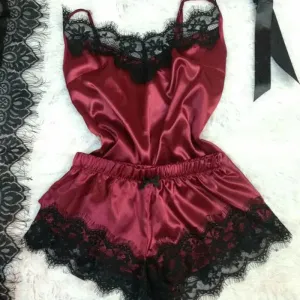 New Women's Silk Sexy Pajama Set Black Lace V-Neck Top Shorts