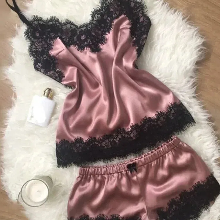 New Women's Silk Sexy Pajama Set Black Lace V-Neck Top Shorts