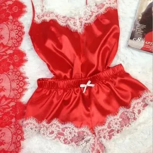 New Women's Silk Sexy Pajama Set Black Lace V-Neck Top Shorts