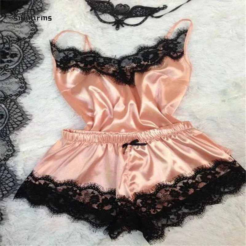 New Women's Silk Sexy Pajama Set Black Lace V-Neck Top Shorts
