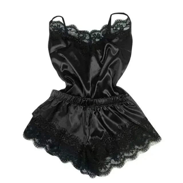 New Women's Silk Sexy Pajama Set Black Lace V-Neck Top Shorts
