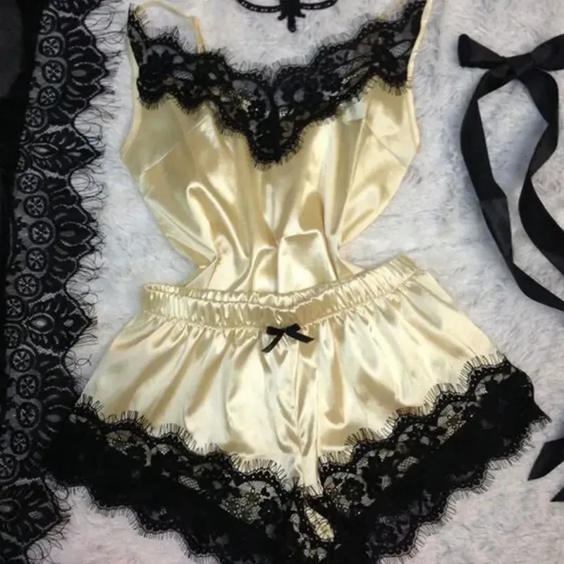 New Women's Silk Sexy Pajama Set Black Lace V-Neck Top Shorts