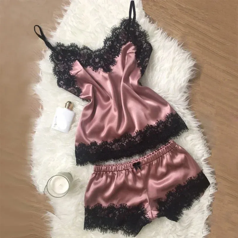 New Women's Silk Sexy Pajama Set Black Lace V-Neck Top Shorts