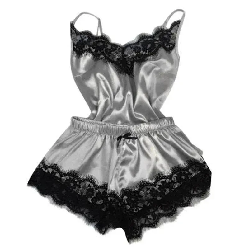 New Women's Silk Sexy Pajama Set Black Lace V-Neck Top Shorts