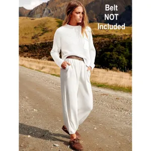 New Womens Two Piece Outfit Stretchy Knit Long Sleeve Knit Sweater Set Oversized Harem Type Knit Pant Lounge Set White, Sz L! Retails $129 