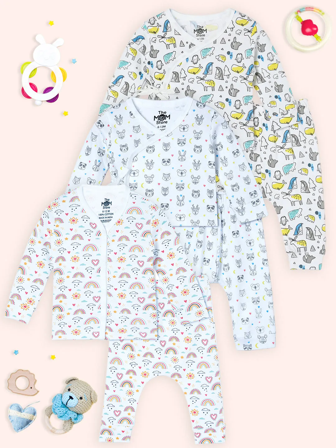Newborn and Infant Pajama Set Combo of 3: Rainbow Land-Animal Party-Sleep Munchkins