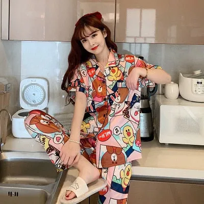 Newest Silk Pajamas for Women Sweet Leopard Pyjamas Woman Elegant Short Sleeve Long Pant Homewear Ladies Sleepwear Sets