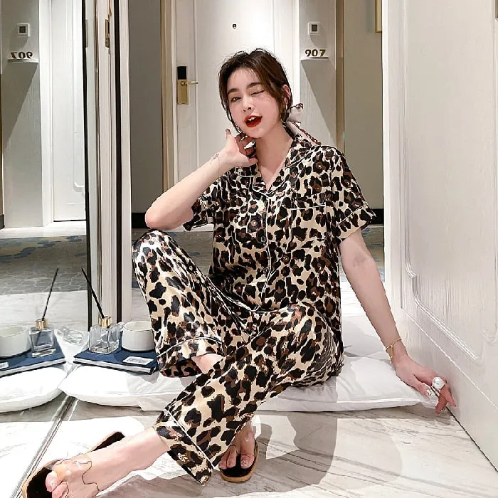 Newest Silk Pajamas for Women Sweet Leopard Pyjamas Woman Elegant Short Sleeve Long Pant Homewear Ladies Sleepwear Sets