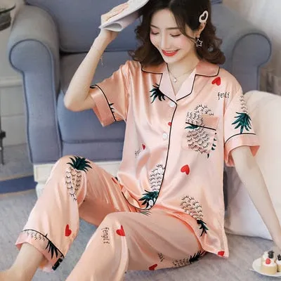 Newest Silk Pajamas for Women Sweet Leopard Pyjamas Woman Elegant Short Sleeve Long Pant Homewear Ladies Sleepwear Sets