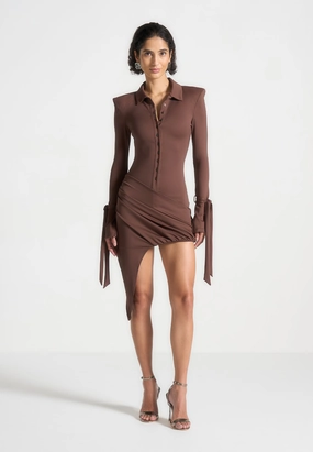Diane - Draped Asymmetric Mini Dress - Brown Trendy Comfort Neutral Finish
