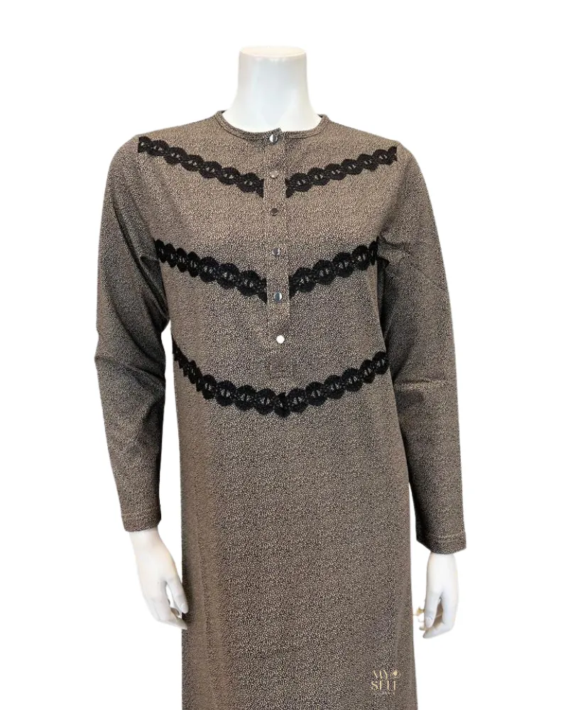 Nico Italy Taupe Lace on Print Snap Front Cotton Nightgown