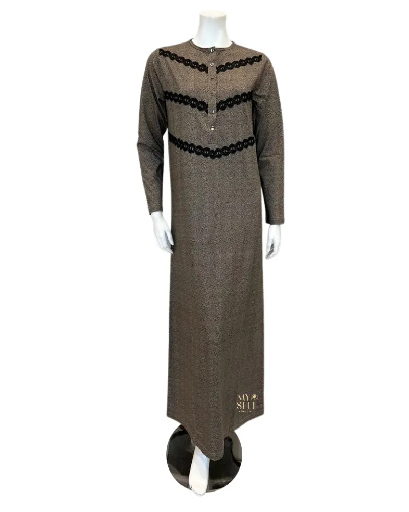Nico Italy Taupe Lace on Print Snap Front Cotton Nightgown