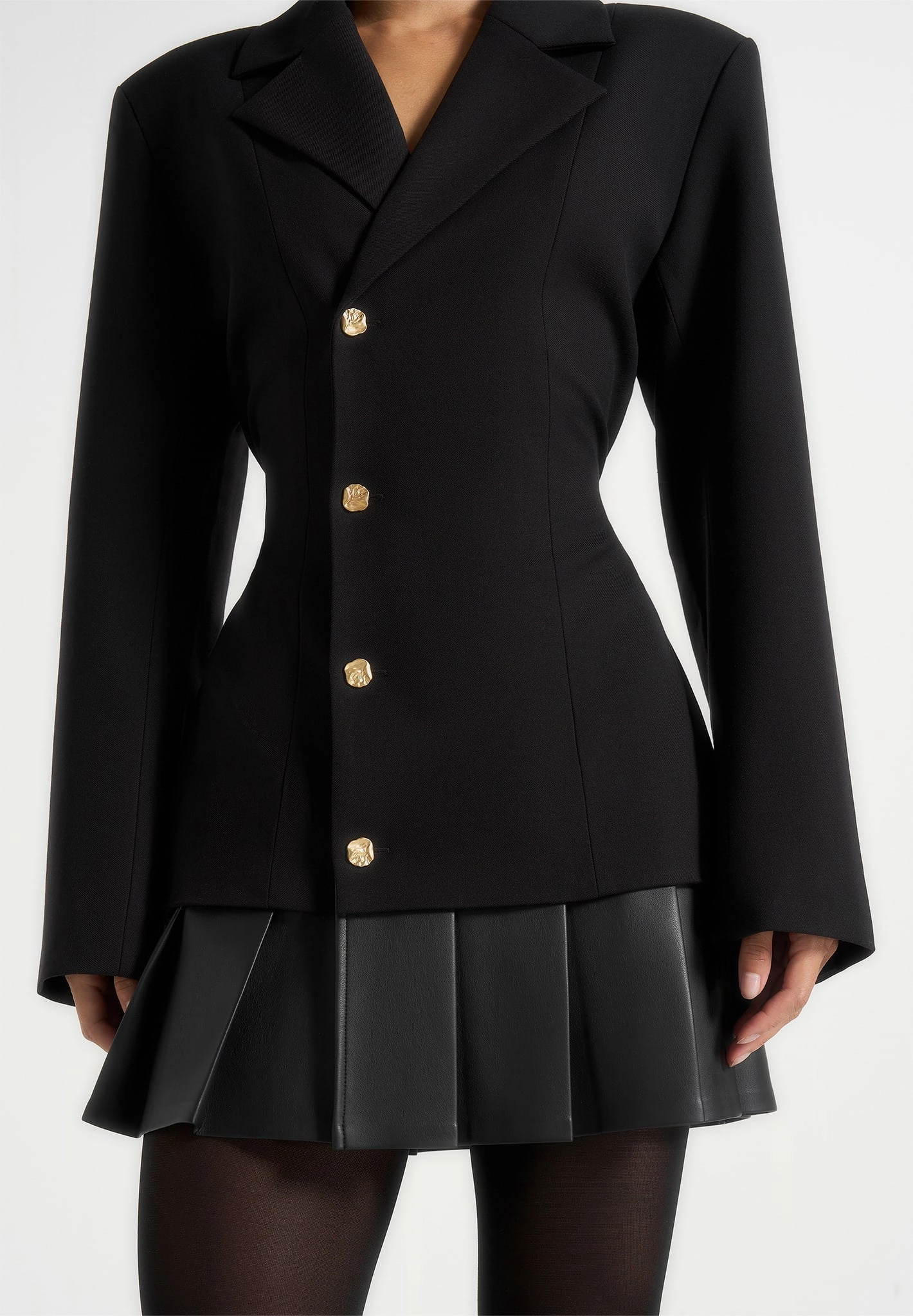 Simplistic Mood Happy Fit Nicole - Tailored Cinch Blazer Dress with Pleats - Black