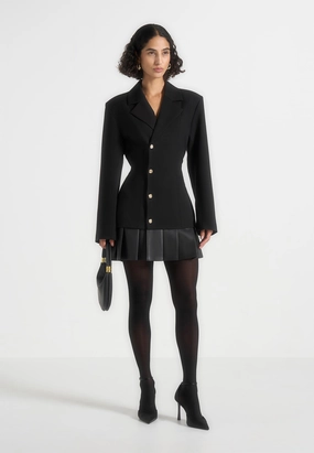 Nicole - Tailored Cinch Blazer Dress with Pleats - Black Perfect Layering
