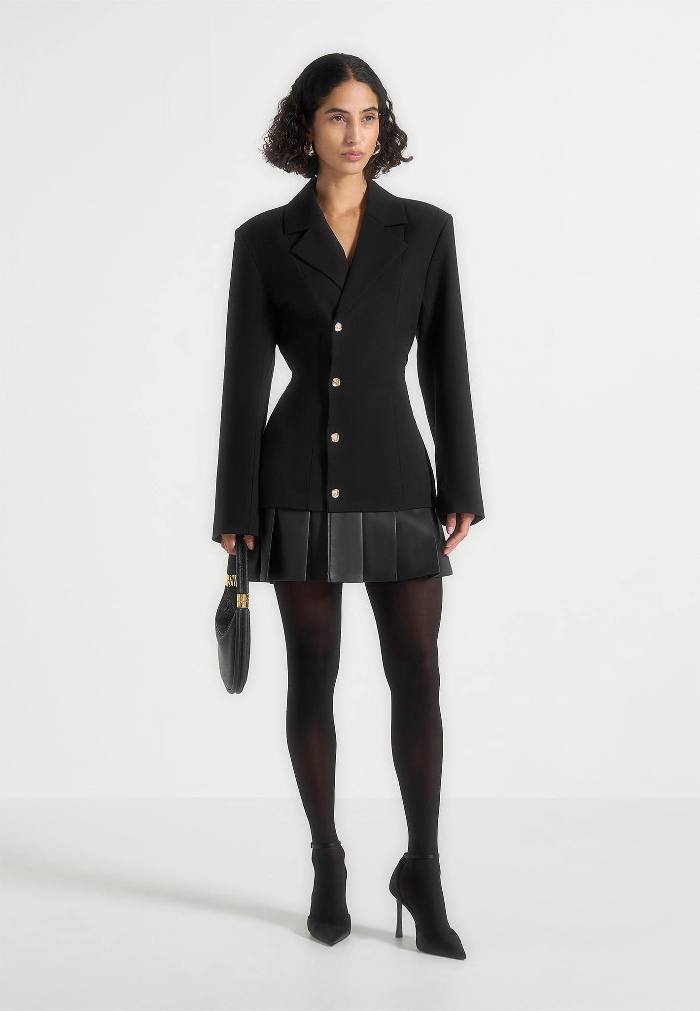 Nicole - Tailored Cinch Blazer Dress with Pleats - Black Perfect Layering
