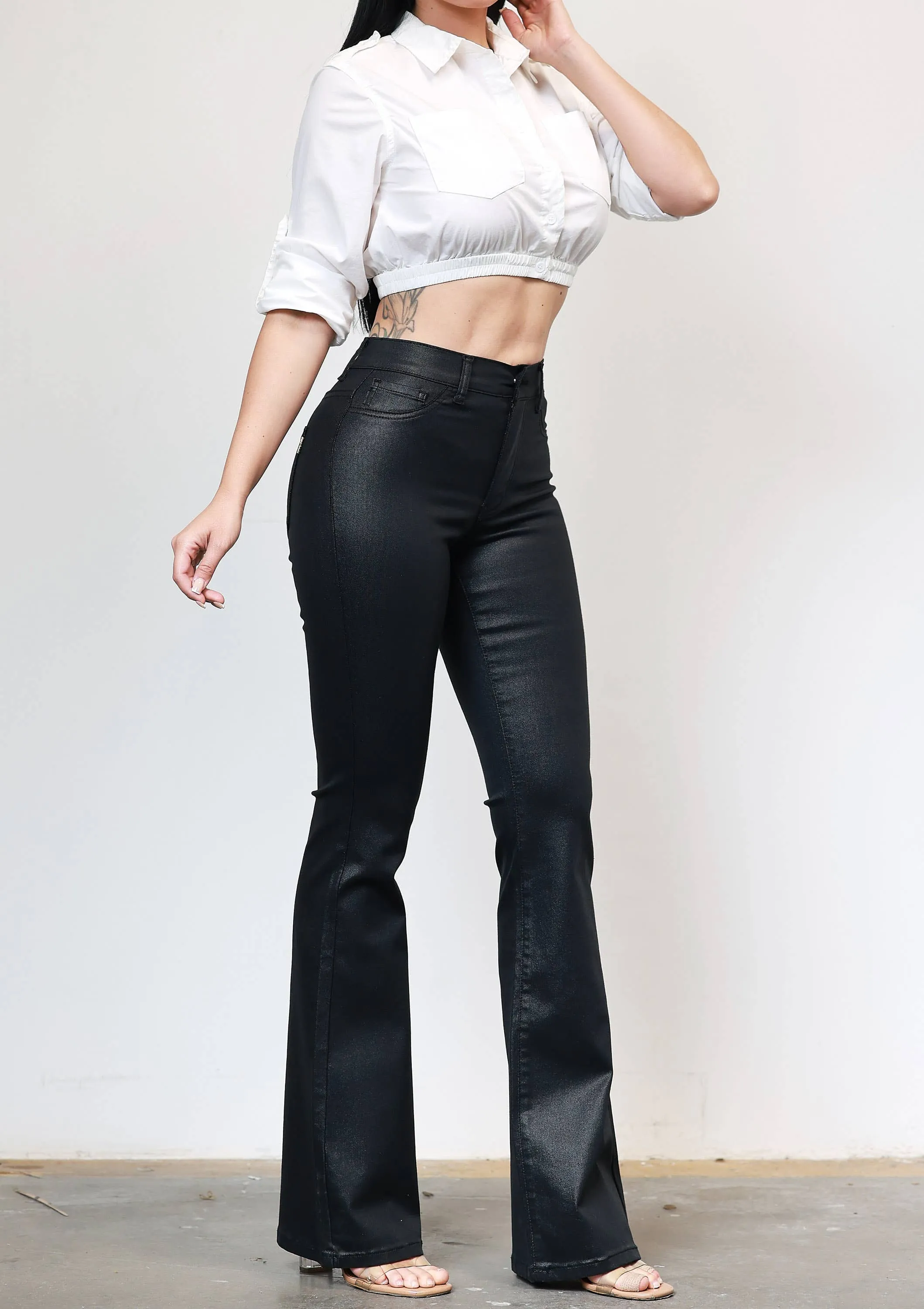 Comfy Motion Night Out Flare Pants- Coated Black