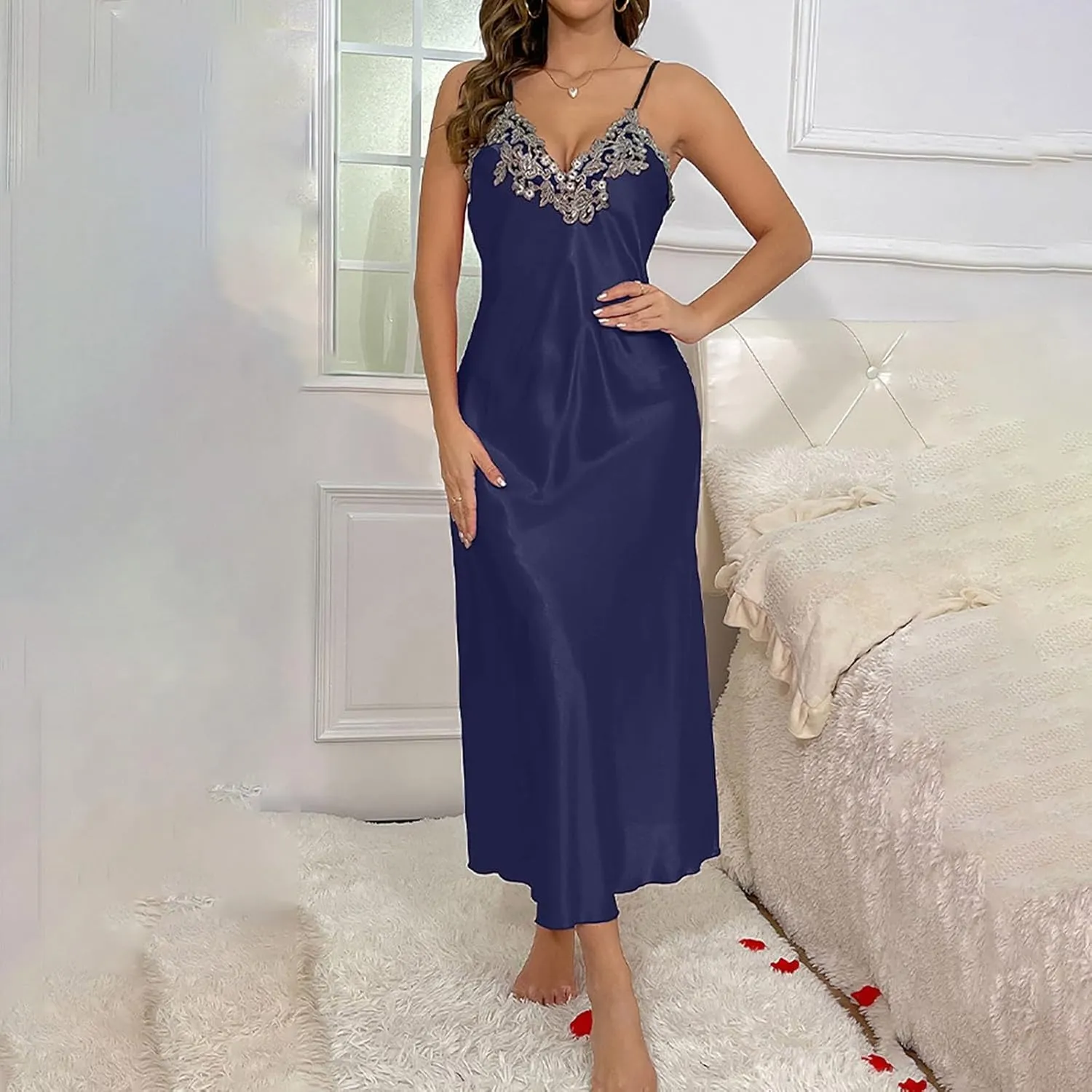 Nightgown and Robe Set for Women Floral Lace V Neck Nightgown Soft Kimono Robe Satin Sleepwear 2 Piece Pajama Sets