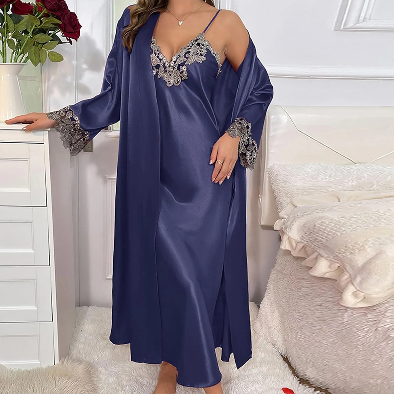 Nightgown and Robe Set for Women Floral Lace V Neck Nightgown Soft Kimono Robe Satin Sleepwear 2 Piece Pajama Sets